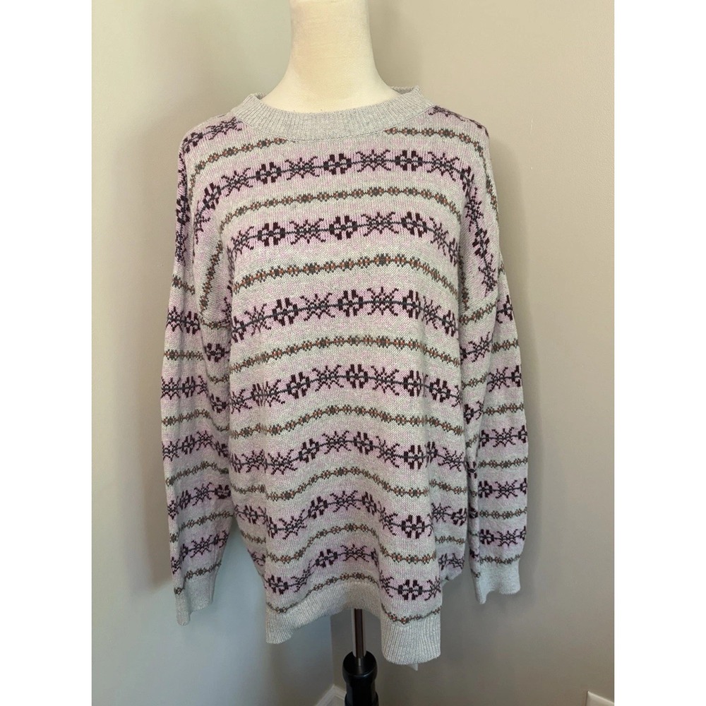 Lauren Ralph Lauren Fair Isle Stripe Knit Sweater Gray Purple Large Cotton EUC